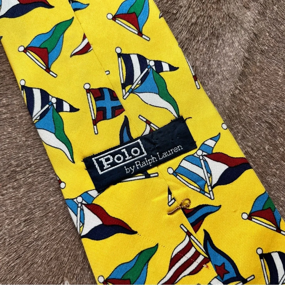 Polo by Ralph Lauren Yellow Silk Burgee Flags Nautical Tie VTG